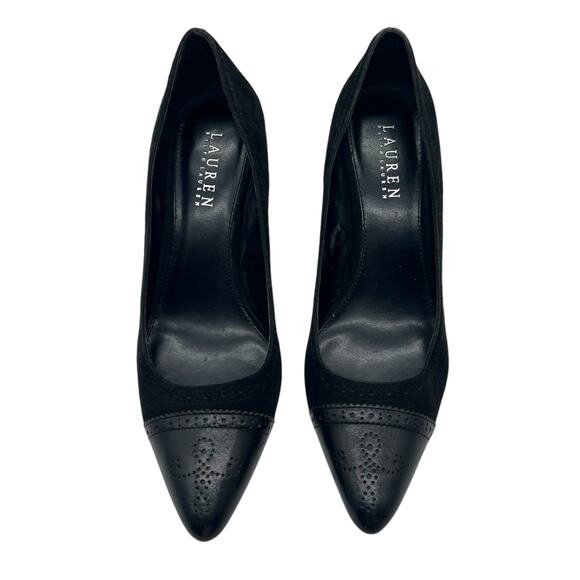 Lauren Ralph Lauren Pumps Black Suede Leather Wingtip Stiletto - Picture 5 of 9